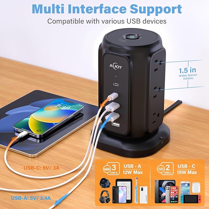 AiJoy Flat Plug Power Strip Tower with 9 AC Outlets and 5 USB Ports