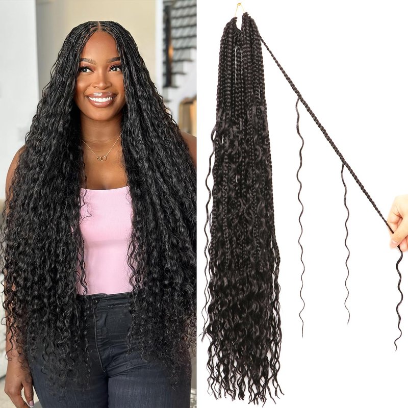 Box Braids Crochet Hair - 30 Inch Water Wave Boho Braids for Black Women | 9 Packs, 1B Color