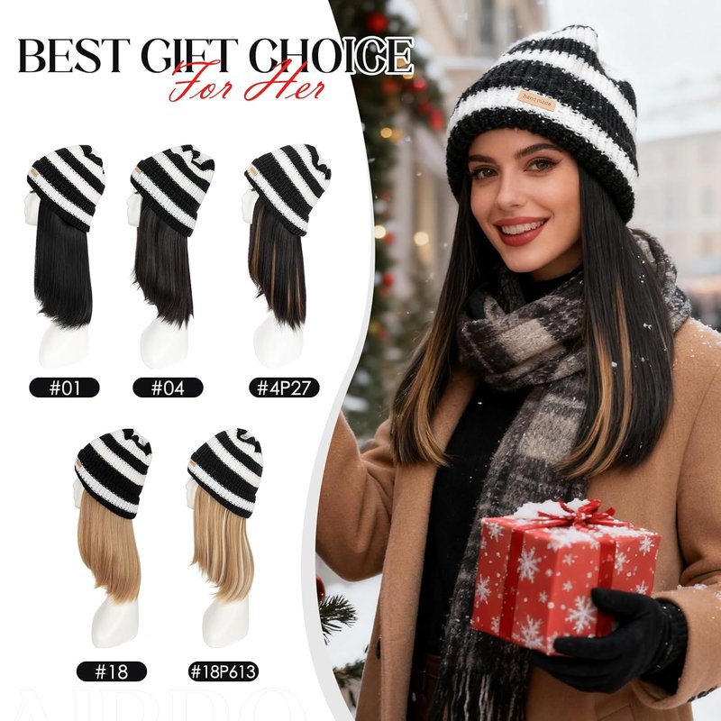 Beanie Wig Hat with Hair for Women - Warm Synthetic Knitted Pom Pom Slouchy Cable Knit | Medium Brown 11” 200g