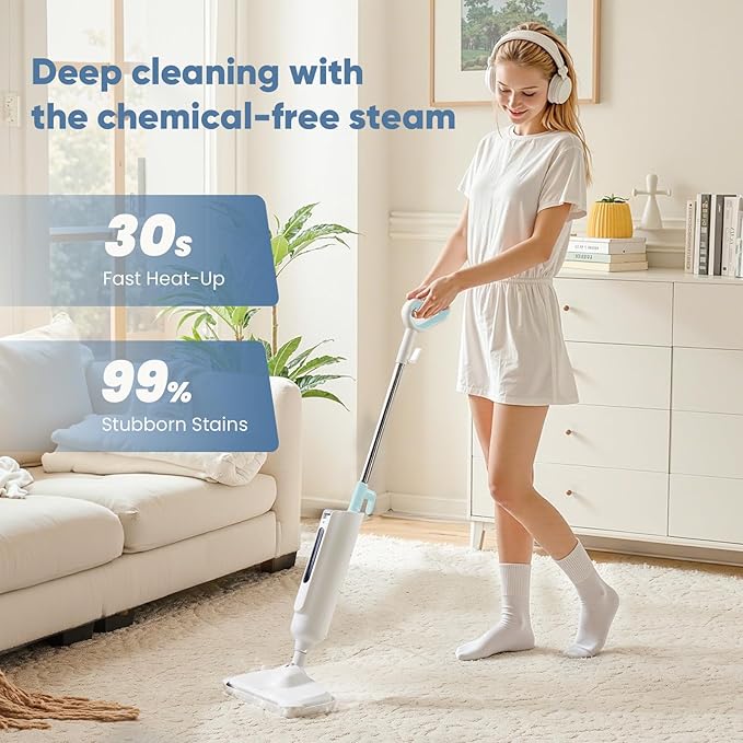 DUMOS Steam Mop for Floor Cleaning, Detachable Handheld Steam Cleaner, Suitable for All Floors Like Tiles, Hardwood, Stone, Lightweight with 2 Washable Pads,White and Green