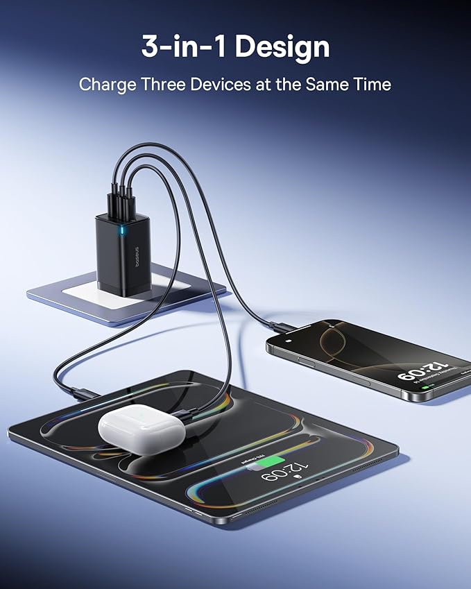 Baseus 2 Pack 65W USB C Charger Block, PPS 3-Port Fast Compact Foldable USB C Charger for MacBook, iPad Pro, Galaxy S24, iPhone 17/16 and More Series