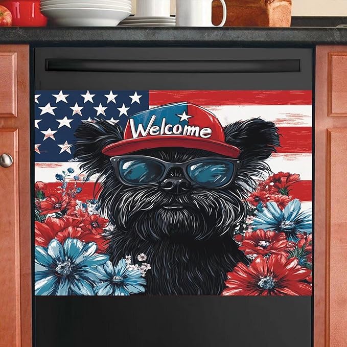 Black Patriotic Puppy Dishwasher Magnet Cover American Flag and Flowers Magnetic Dishwasher Cover Magnets Decorative Cover Refrigerator Appliances Panel Sheets 23" x 17" Magnetic