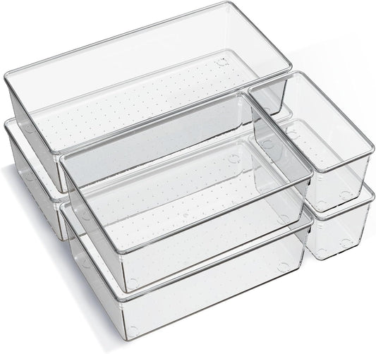 Skiennix Clear Plastic Drawer Organizer Trays - 6 Pack Non-Slip Storage Bins for Kitchen, Makeup & Office