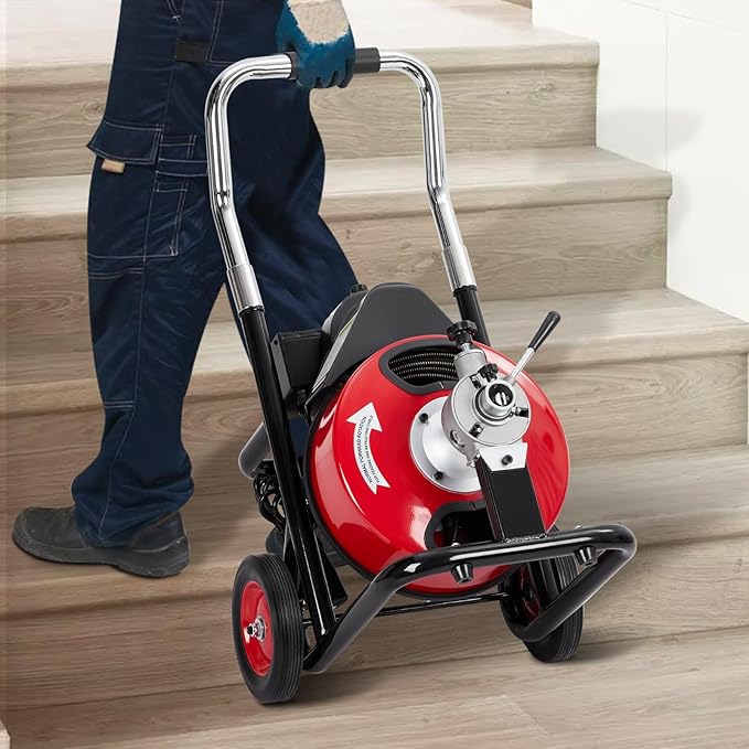 Drain Cleaner Machine 75FT x 3/8 Inch, Professional Sewer Snake Auger with 250W Motor, Auto Feed, 8/4 Cutters, Foot Switch & Wheels, Gloves, Semi-Enclosed Drum, Portable Plumbing Tool for 1"-4" Pipes