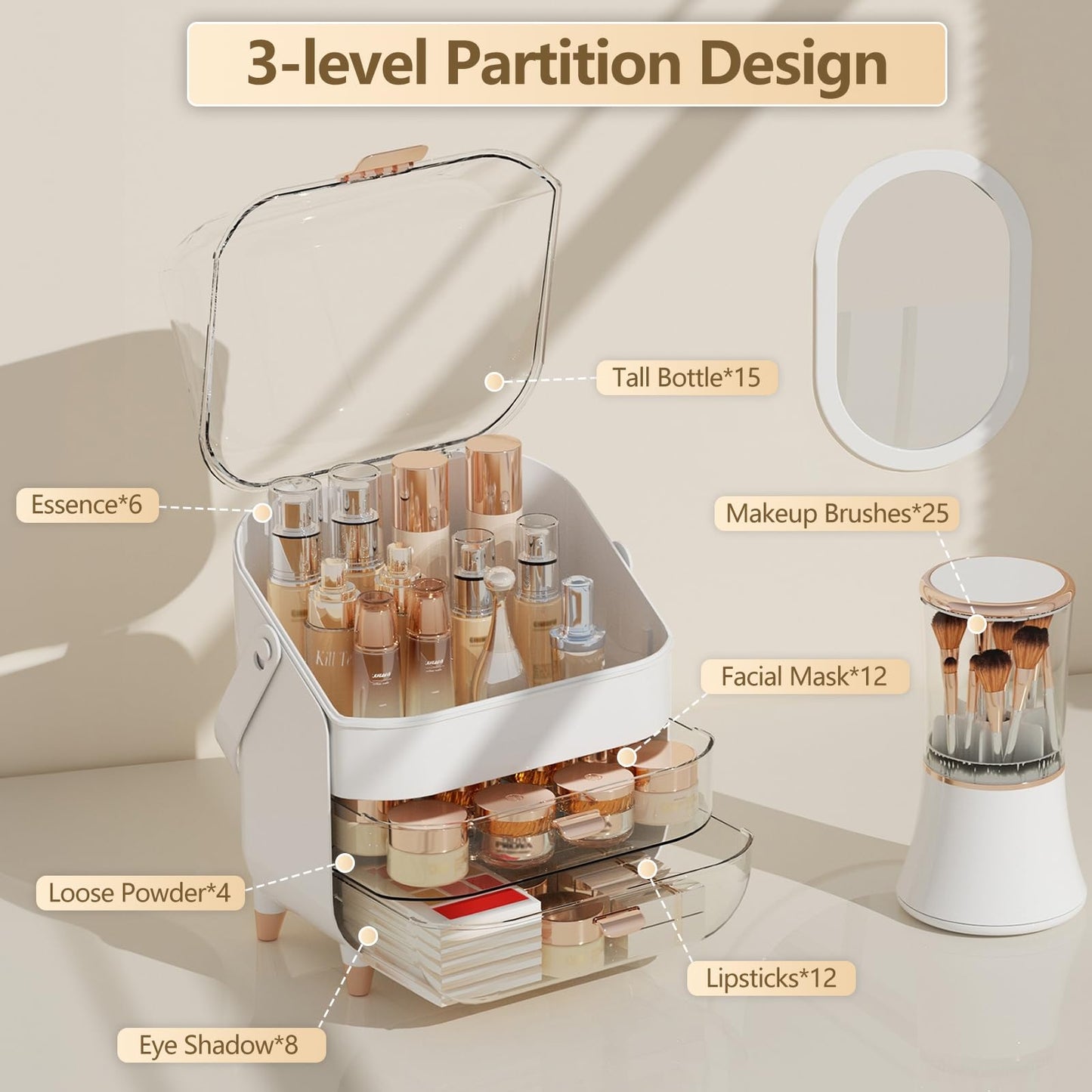 CLBDRESS Makeup Organizer Countertop & Makeup Brush Holder with Lid 360 Rotating Clear Dustproof Skincare Holder for Vanity Bathroom Countertop, Ideal Gifts for Women, Transparent, Silver