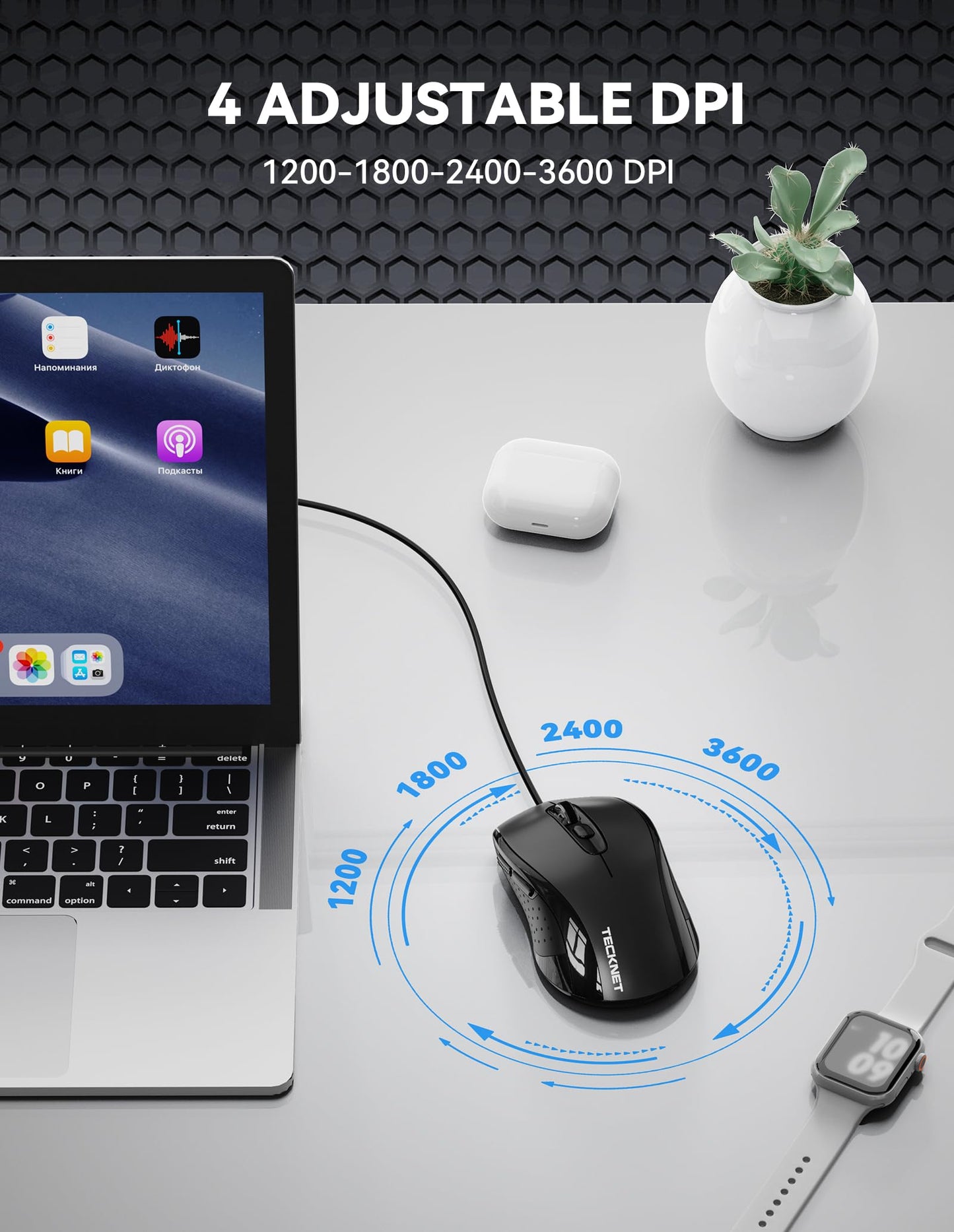 TECKNET Wired Mouse, USB Wired Computer Mice, 3600DPI 4 Adjustable Levels, 6-Button Ergonomic Mouse for Laptop PC Desktop Notebook - Black
