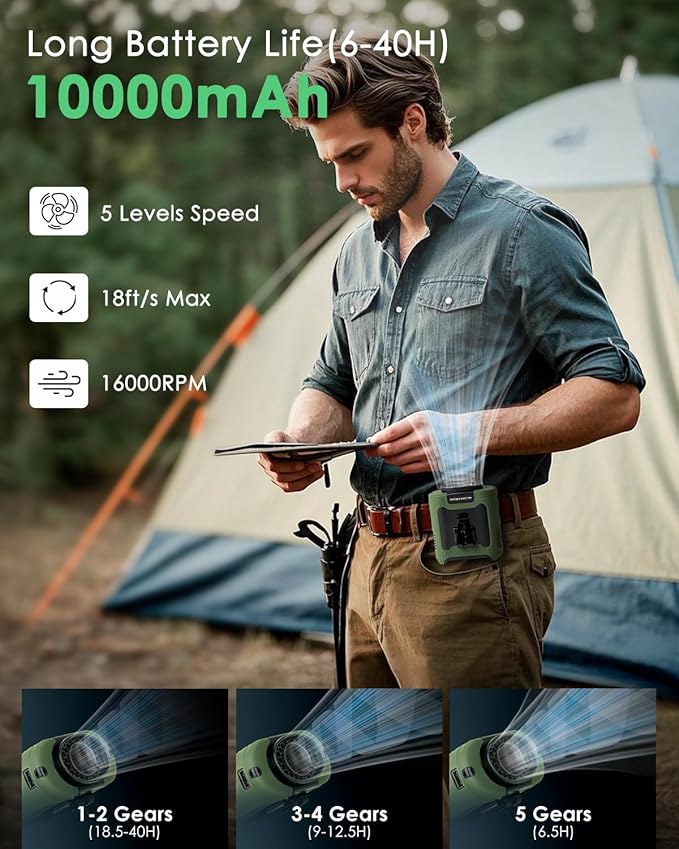 FANSEXPERT Portable Waist Fan Clip on, Personal Wearable Belt Fan 10000mAh Rechargeable Battery Under Shirt,5 Speeds with light, Neck Fan Hands-Free Cooling For Outdoor Camping Travel (Green)