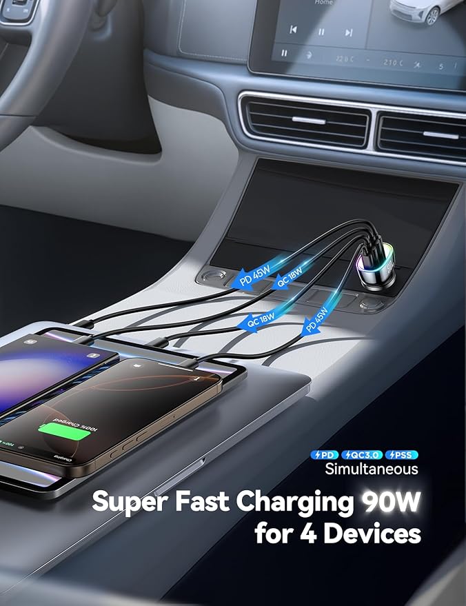 120W for iPhone 17 16 Pro Max Car Charger USB C Fast Charge, 4-Port Car Charger Cigarette Lighter Adapter, Dual 60W USBC & USB-A Multiport Car Adapter for iPhone 17 Pro/15/14/13, Galaxy S26/S25, iPad