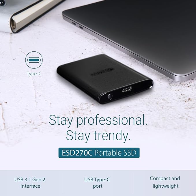 Transcend ESD270 250GB External SSD for iPhone16/15/iPad/Mac/Windows/Android, PC/Laptop/Tablet/TV/Game Console, Portable SSD with One Touch Back up, One-Time Password Unlock, Type A &Type C Cables