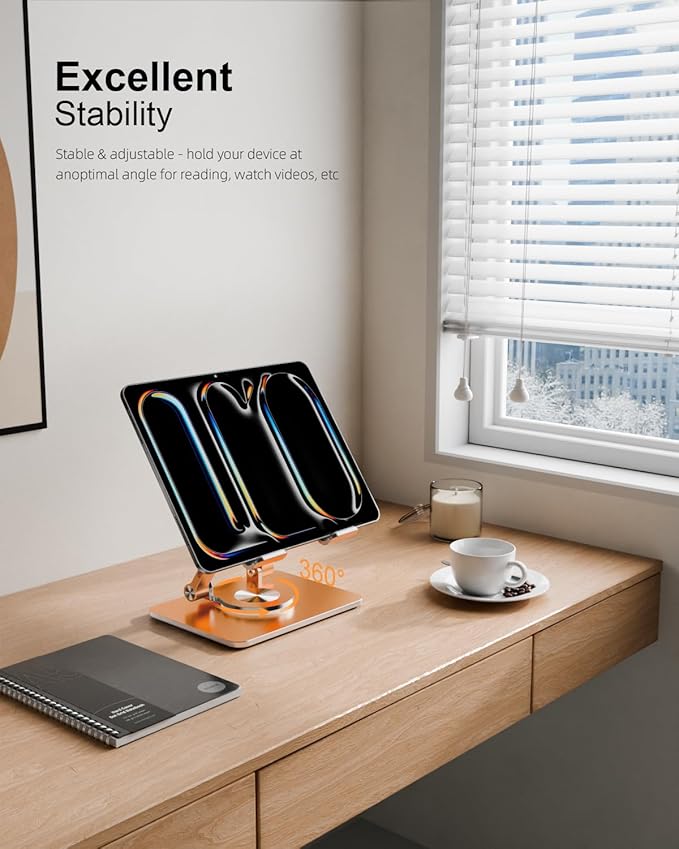 Orlian Tablet Stand Holder with Thickened 360°Rotating Base Dual Rod Adjustable Aluminum Stand for All 5.8-12.9” iPad Samsung Phone Tablet Kindle E-Reader and More, Gold