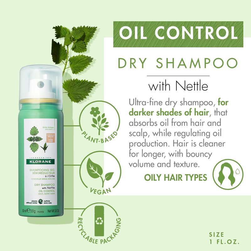 Klorane Dry Shampoo With Nettle and Natural Tint, Nettle for Brunette, Oily Hair and Scalp, Regulates Oil Production, Paraben & Sulfate-Free, Travel Size 1 Fl oz.