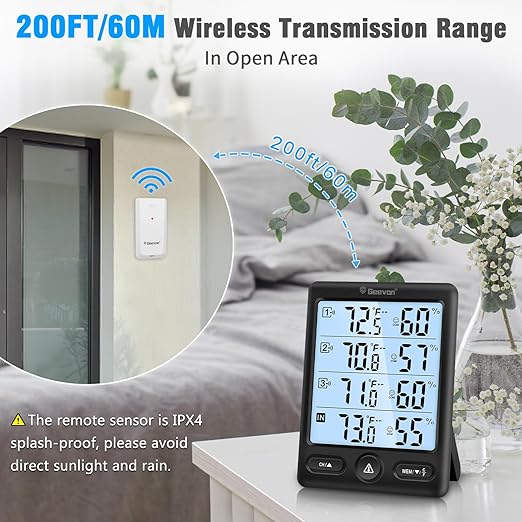 Geevon Indoor Outdoor Thermometer Wireless 3 Remote Sensors, 5-Inch Display Digital Hygrometer Thermometer Temperature Humidity Monitor with 8S Backlight, Battery-Powered