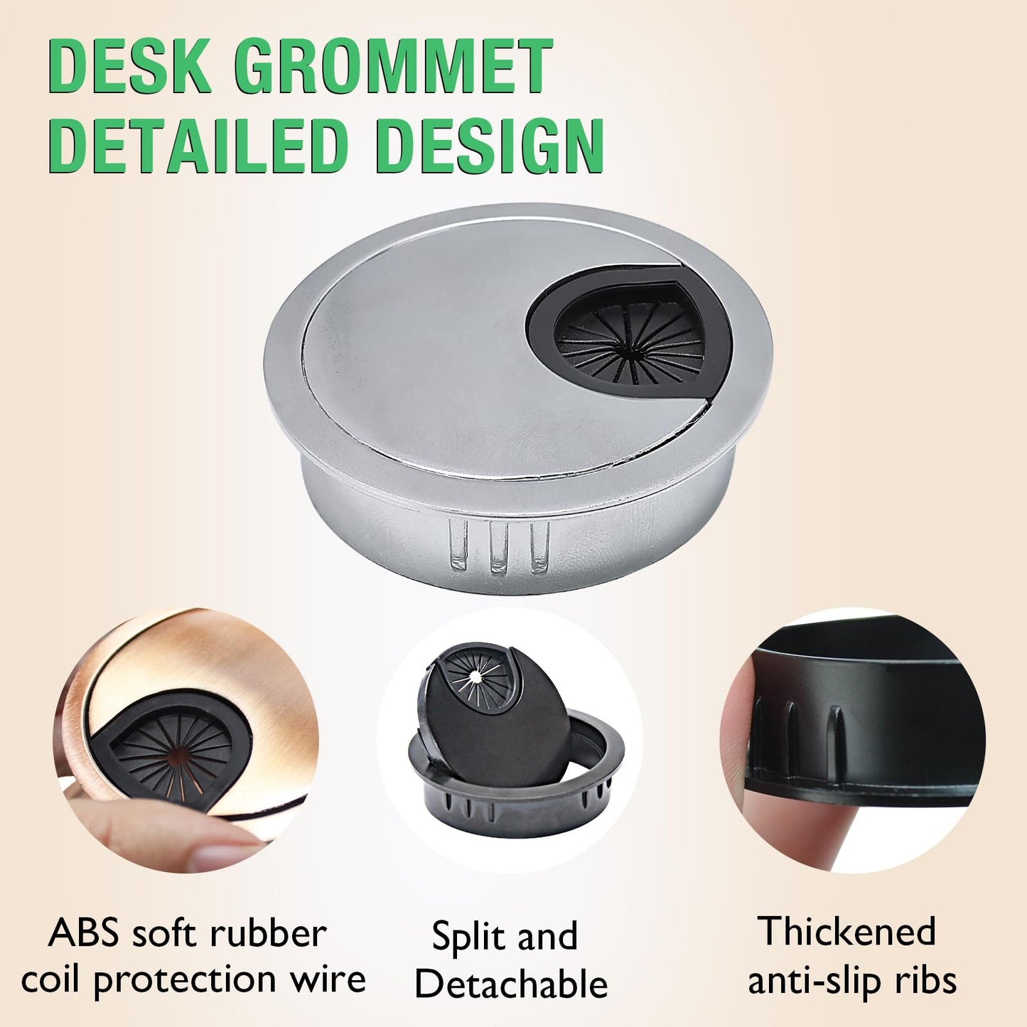 EASYEAH 1 Pcs Desk Grommet 2-1/16" / 53 mm, Desk Cord Hole Cover, Cable Grommet Metal Zinc Alloy Materilal, Desk Hole Grommet for Home & Office Pc, Detachable Cable Cord Organizer-Bright Silver
