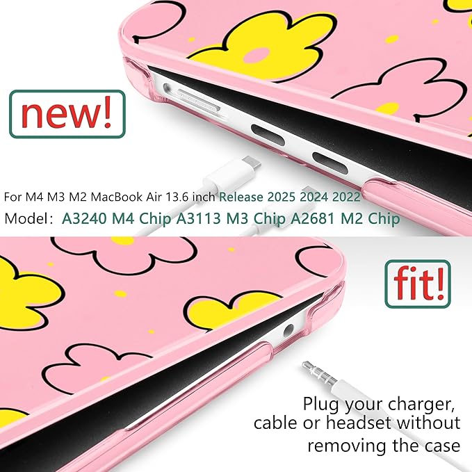 TWOLSKOO Compatible with MacBook Air 13 inch Case M5 2026 M4 2025 M3 M2 2024-2022 A3449 A3240 A3113 A2681, Plastic Hard Shell & Keyboard Cover for MacBook Air 13.6 inch Case, Cute Pink Flowers