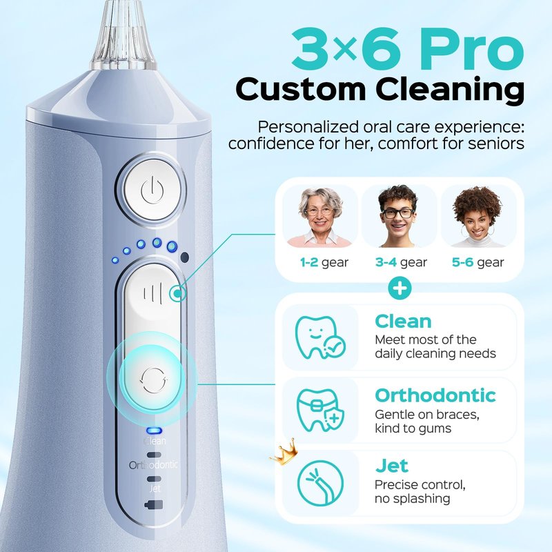 COSLUS C51 Portable Water Flosser for Teeth: 3 Modes & 6 Pressure Settings with Jet Mode Water Dental Pick for Orthodontic, Braces, Sensitive Gums, Compact for Travel, for Multiple Users, ADA Accepted