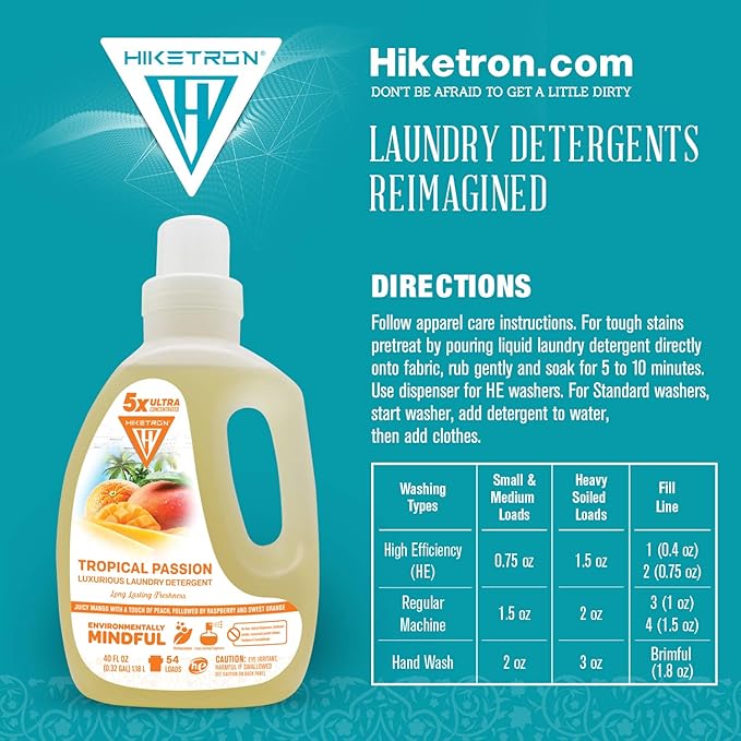 Hiketron Tropical Passion Liquid Laundry Detergent, 5x Ultra Concentrated, Tough Stains Remover, Long Lasting Scent (80 Fl Oz, Pack of 2)