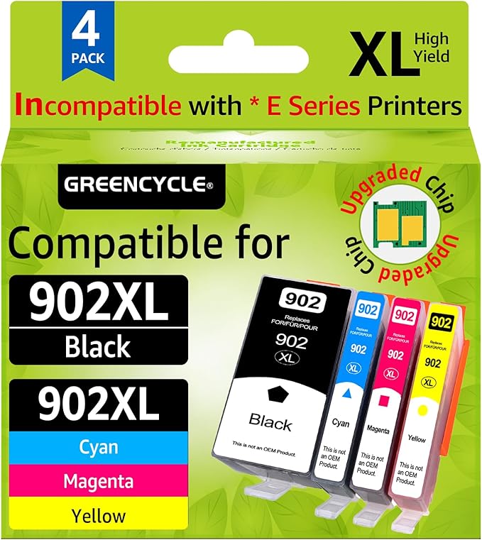 greencycle 902XL Ink Cartridges for HP Printers Replacement for HP 902XL Ink Cartridges Combo Pack 4 Pack Work with Officejet Pro 6978 6968 6970 6975 Officejet 6958 6956 6954