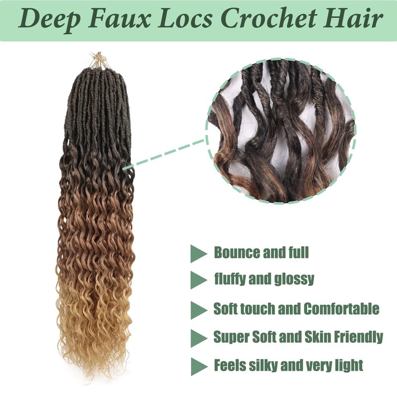 Deep Faux Locs Crochet Hair 30 Inch 8 Packs Goddess Locs Crochet Hair 1B3027 Soft Loc Faux Loc Crochet Braids with Curly Ends Prelooped Deep Wave Croceht Braids for Black Women(Black to Blonde)