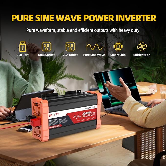 BELTTT 2000W Pure Sine Wave Inverter, Inverter 12V DC to 120V AC for Solar, RV, Truck, Outdoor, Power Inverter with Dual AC and 20A Socket, 5V 2.1A USB, Surge 4000W, Hardwire Port, Remote Controller