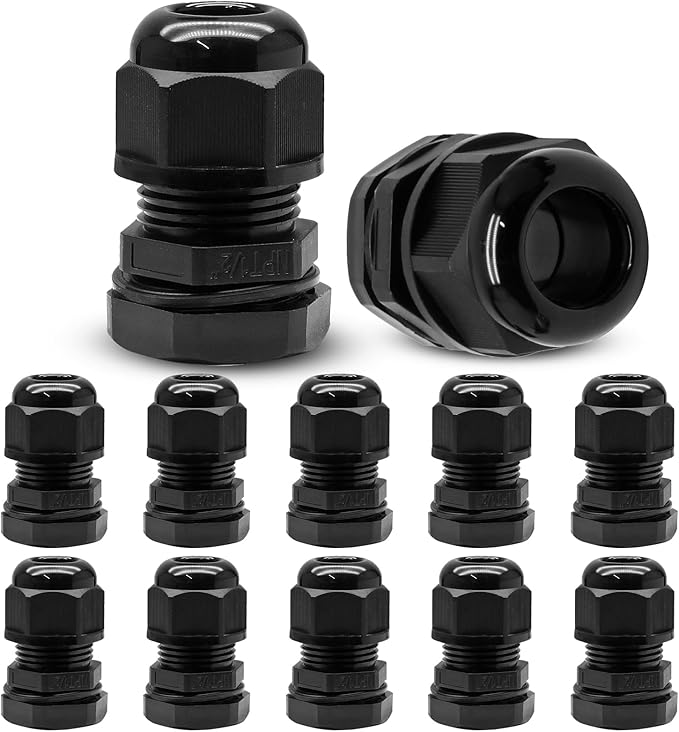 Kyuionty 12 Pcs 1/2" NPT Nylon Cable Glands, Black Strain Relief Cable Cord Connector IP68 Waterproof Junction Box Wire Protectors Adjustable for 6-12mm Cable Diameter