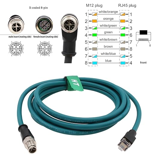 HangTon Ethernet Cable for Basler Cognex Keyence Datalogic Microscan Sick Machine Vision Sensor Network Industrial Switch, M12 8-Pin X-Coded to RJ45, CAT7 High-Speed, 40m