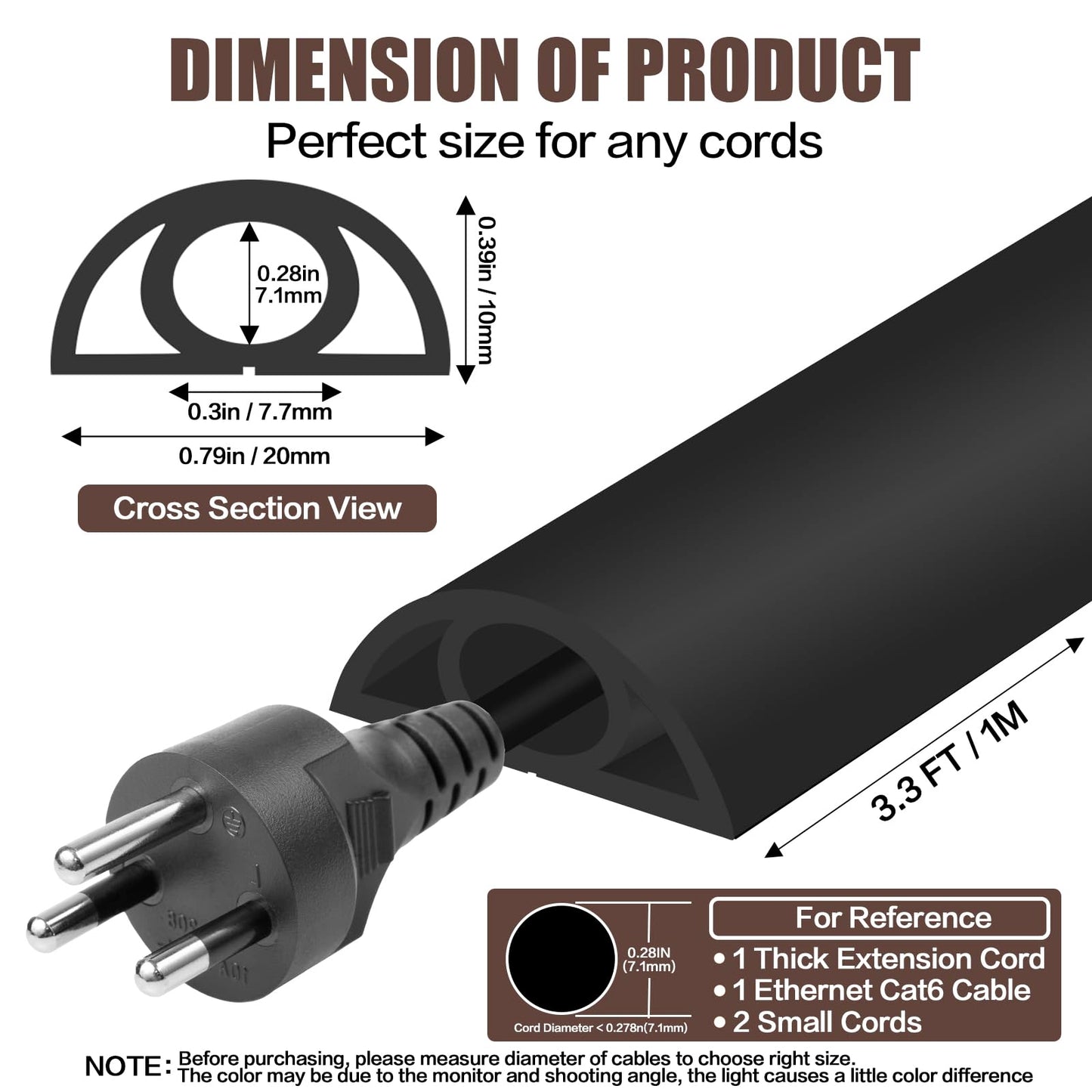 Floor Cord Cover Self Adhesive Cord Hider,3.3FT Cable Management, Extension Strip Protector for Wires, Prevent Cable Trips for Offices, Gyms, Exhibitions Cavity:0.3"(W) x 0.28"(H) Black