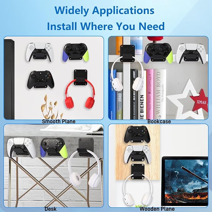 Qpfctwil Controller Holders Wall Mount 3 Pack Wall Stands With Non-Slip Pads, Premium Headphone Mount for Controllers and Headsets, Black, YCKJ-WM-01