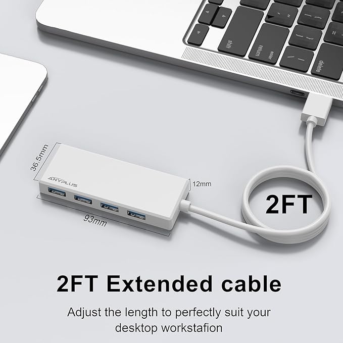 ANYPLUS USB Hub, Multiport USB Splitter Adapter, 2 ft Long Cable USB 3.0 Hub, USB Extender for Laptop, PC, iMac, Surface Pro, MacBook, Mac Pro, Flash Drive, XPS, Mouse, HDD【White】, HJ-White-0.5M-001