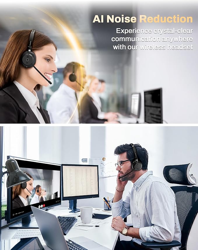 Rownfusny Wireless Headset with Mic for Work, Bluetooth 5.3 Headphones with Microphone, Headset with Microphone for PC, Wireless Headphones with Charging Base for Office, Call Center, Cell Phones
