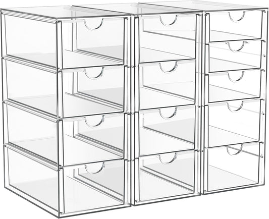 Skiennix Acrylic Makeup Organizer - 13 Drawer Bathroom & Desk Storage Solution | 3 Pack