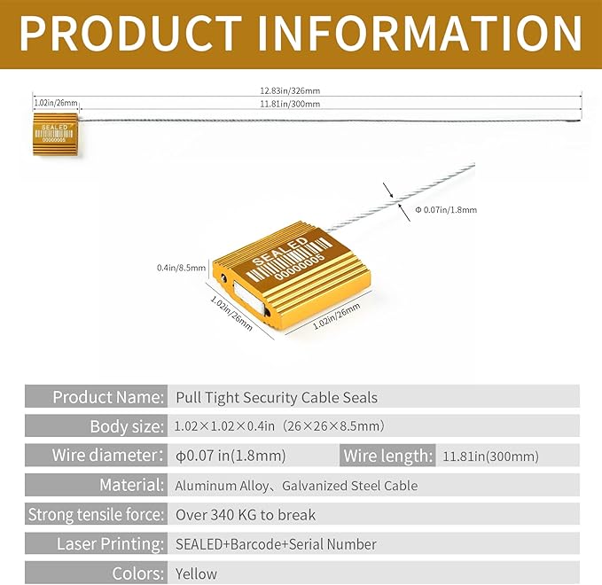 LeadSeals 100 Yellow Steel Cable Seals with Barcode, ISO 17712 Security Seals: Truck Seal, Anti-Tamper Pull Tite Tags, Self-Locking Safety Ties