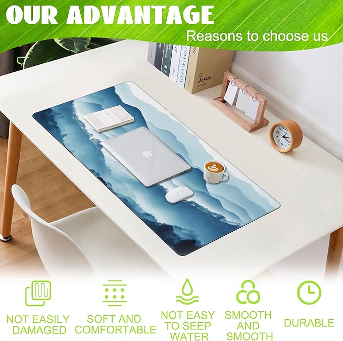 Eflxamz Large Gaming Mouse Pad, Mountain Desk Mat, Misty Forest Mountains Desk Pad, Extended Big Computer Keyboard Mouse Pad with Non-Slip Base and Stitched Edge, 35.4"x15.7"