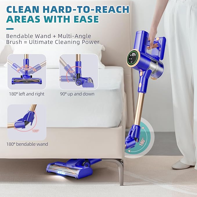 Cordless Vacuum Cleaner, 180Â° Bendable Wand Stick Vacuum Cleaners with LED Touch Screen, 8-in-1 Lightweight Rechargeable Vacuum with 1.5L Dust Cup for Home Hard Floor Low-Pile Carpet