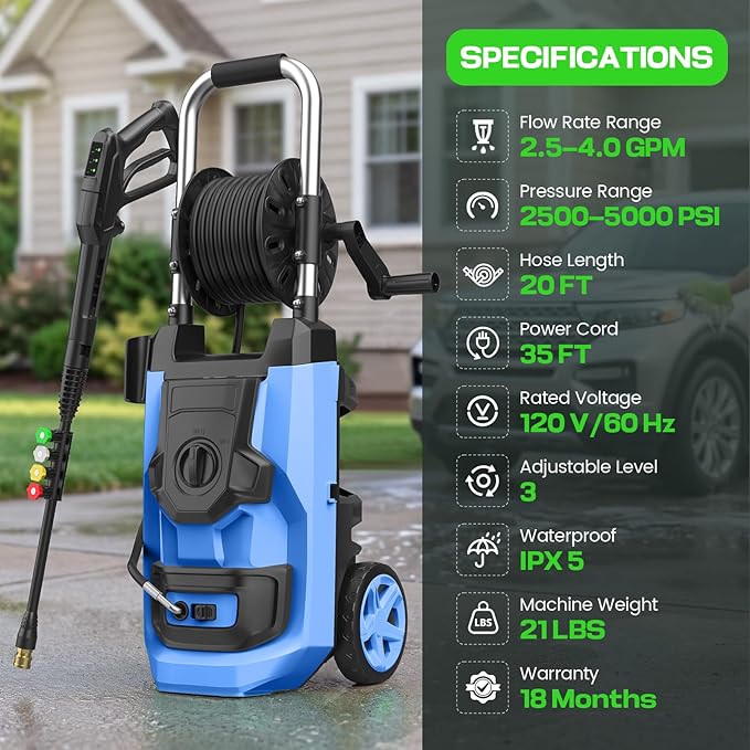 commowner𝐏𝐨𝐰𝐞𝐫 𝐖𝐚𝐬𝐡𝐞𝐫 𝟓𝟎𝟎𝟎𝐏𝐒𝐈 Portable with 20FT Pipe, 4 Nozzle Set for Home/Cars/Fences/Windows, Blue