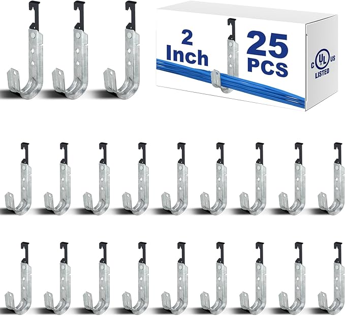 Zonon 25 Pcs J Hooks for Hanging Metal J Hook Hangers Cable Support with Bat Wing Heavy Duty G60 Galvanized Steel Cable Hooks for Attaching Ceiling Wire Threaded Rod (2 Inch)