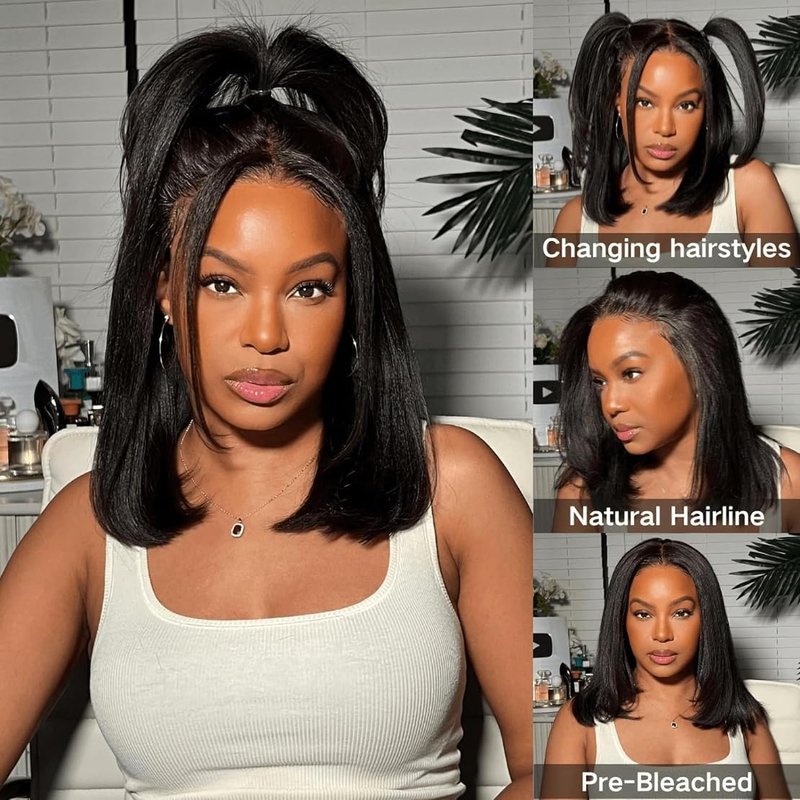 Emistar Black V Part Wig Kinky Straight Wig Upgrade U Part Synthetic Wigs for Black Women Full Head Clip In Hair Glueless Blend Human Hair Replacement Synthetic Wigs Natural Scalp (Black2.0, 14 Inch)