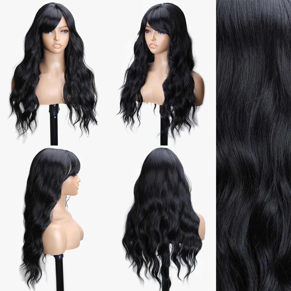 POUWENEY Black Wig with Bangs 36 Inch Long Curly Wavy Wigs for Women Begineer-Friendly Synthetic Wig for Daily Party Holiday Use