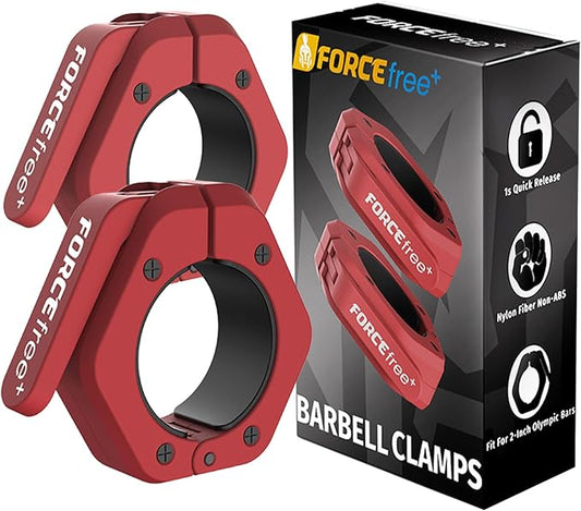 Forcefree+ Barbell Clips (Pair), Barbell Clamps, Quick Release Olympic Barbell Clamps with Anti Slip TPR Grip, Barbell Collars for Secure Weightlifting & Powerlifting (Non Magnetic, Red)