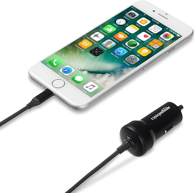 Amazon Basics 12W (5V, 2.4A) Fast Car Charger with Coiled Lightning Cable, MFi Certified for iPhone, iPad and Apple Devices, 1.5 ft, Black