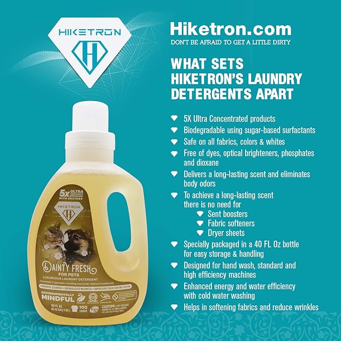 Hiketron Dainty Fresh For Pets Liquid Laundry Detergent, 5x Ultra Concentrated, Tough Stains Remover, Long Lasting Scent (80 Fl Oz, Pack of 2)