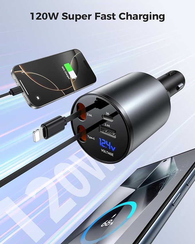Retractable Car Charger, [2025 New] 4 in 1 Fast Car Phone Charger with Retractable Type C & L Cords, 120W USB Car Charging Adapter for iPhone 13 14 15 16 17Pro Max, Samsung Galaxy, Pixel