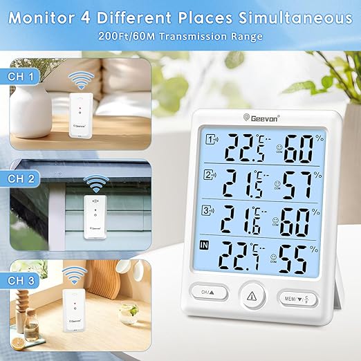 Geevon Indoor Outdoor Thermometer Wireless, 5-Inch Display Digital Hygrometer Thermometer Temperature Humidity Monitor with 3 Remote Sensors and Backlight, Battery-Powered
