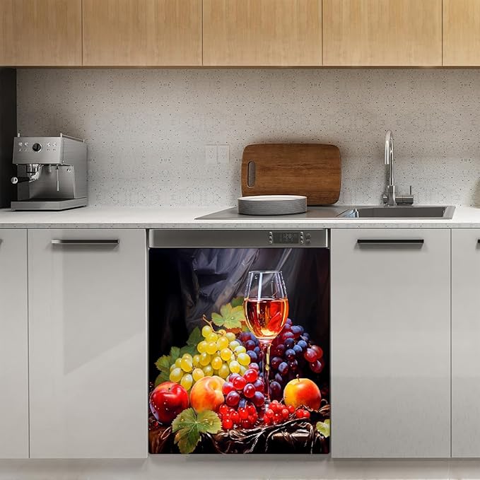 Dishwasher Magnet Cover Painting Wine Glass Fruit Reusable Dishwasher Magnetic Cover Sticker Decorative Dish Washer Door Cover Panel for Home Kitcen Appliance, 21x26 in