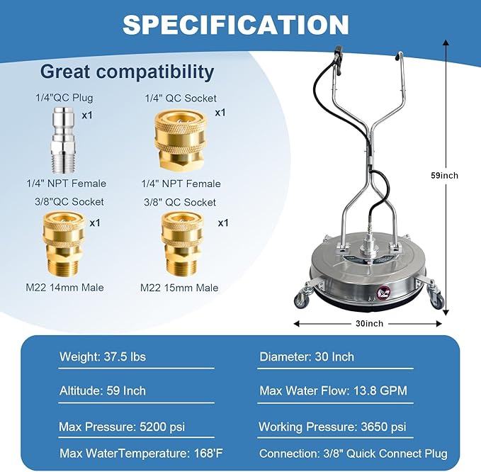 30" Pressure Washer Surface Cleaner with 4 Wheels, Stainless Steel Dual Handle Surface Cleaner for Pressure Washer 5200 PSI Attachment for Concrete, Deck, Driveways, Patios, Sidewalks