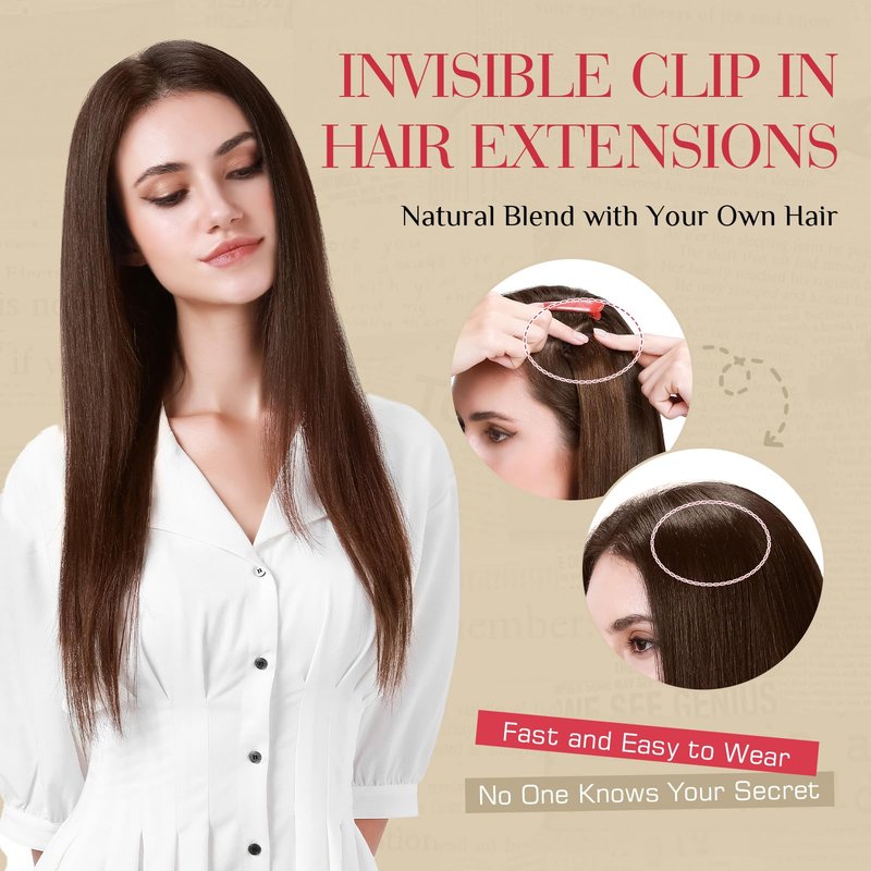 Rich Choices Real Human Hair Clip In Extensions-6 Pcs Single Clip Design-Invisible Clip in Extensions for Thin Hair-Hairpieces for Women/Men-14 Inches #2RP6 Chocolate Brown Highlight Light Brown
