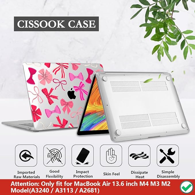 CISSOOK Compatible with MacBook Air 13.6 inch Case 2026 2025 2024 2023 2022 Release A3449 A3240 A3113 A2681, Hard Shell Case Keyboard Cover Screen Protector for MacBook Air 13 M2 M3 M4 M5, Pink Bows