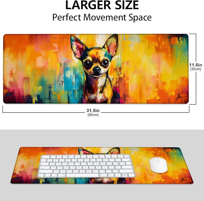 Mounidso Colorful Chihuahua Large Mouse Pad, Gaming Mouse Pad, Keyboard Mat, Non-Slip Rubber Base, Office Accessories, Desk Mat, MousePads for School, Work, Home Decor Gifts 31.5" x 11.8"