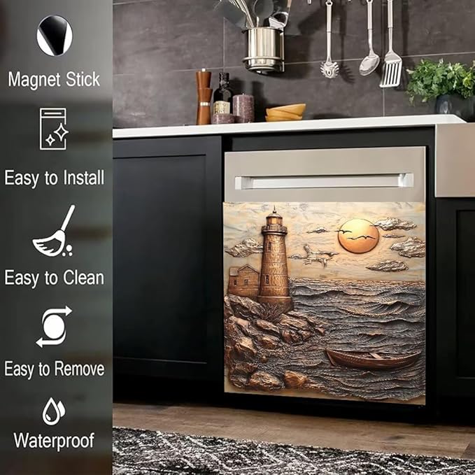 Lighthouse Ocean Scene Kitchen Decor Dishwasher Magnet Cover Decal, 3D Embossed Coastal Sunset Magnetic Dish Washer Panel Door Vinyl Sticker, Refrigerator Magnets,Easy to Clean, 23 x 26 inch