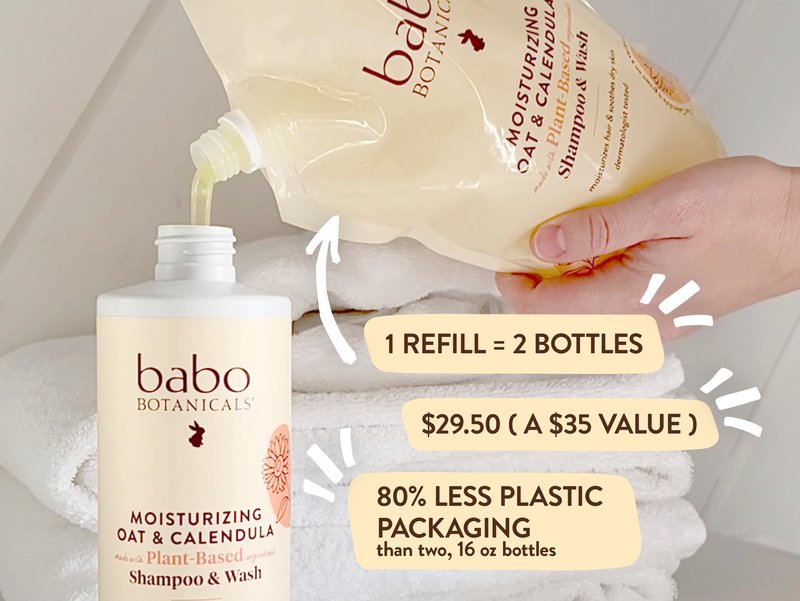BABO Botanicals Moisturizing Oat & Calendula 2-in-1 Shampoo & Wash - for Dry or Sensitive Skin - for All Ages - Lightly Scented - Vegan - Refill pouch 32 fl.oz.