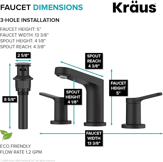 KRAUS Indy Widespread Bathroom Faucet in Matte Black with 2 Handles, Pop Up Drain and Supply Lines, FUS-14103MB